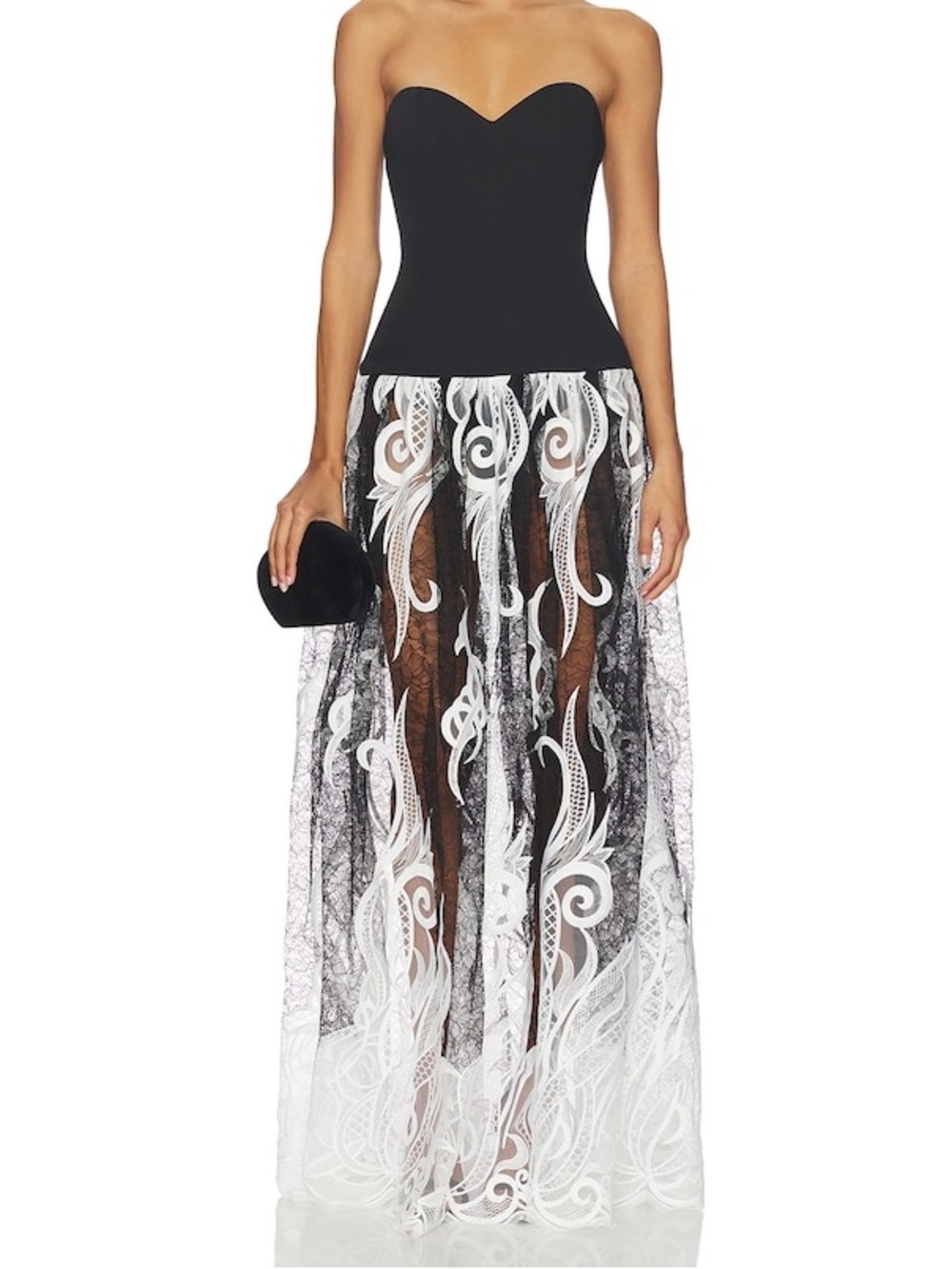 Delfi Collective Olympia Strapless Lace Gown Black Ivory Corset Formal‎ XS NWT